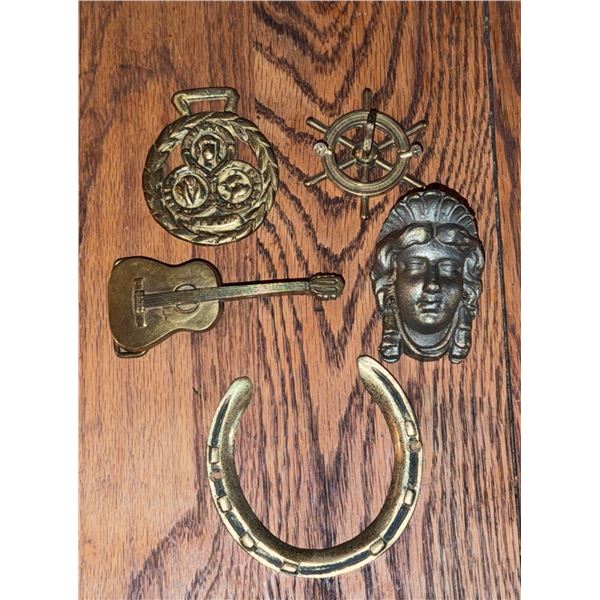 Five Solid Brass Ornaments Including Guitar Belt Buckle and Nautical Hook
