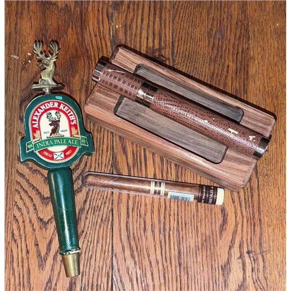 Alexander Keith's IPA Beer Tap Handle, Guantanamera Cuban Cigar, Wood Ashtray, and Cigar Holder