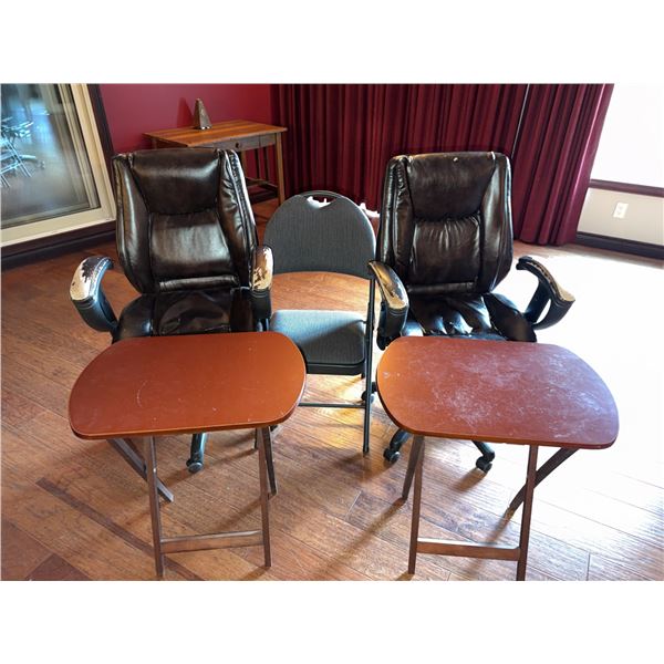 Two Faux Leather Office Chairs, One Fabric Folding Chair, Two Folding Tray Tables