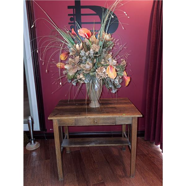 Oak Side Table with Drawer and Lower Shelf with Faux Floral Arrangement