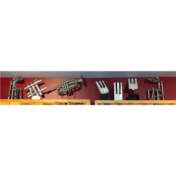 Metal Trumpet Player Sculptures, Trumpet Model, and Piano Key Figurines