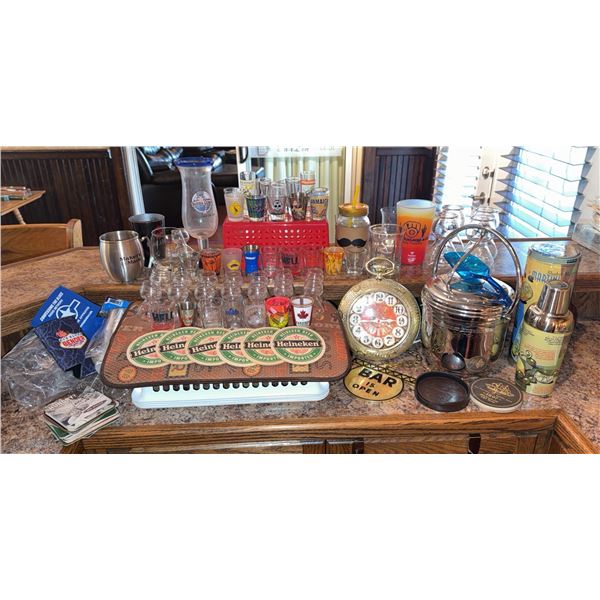 Barware Lot with Shot Glasses, Coasters, Ice Bucket, Cocktail Shaker, and Bar Accessories