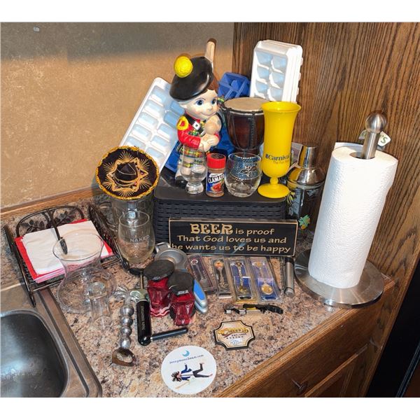 Barware and Collectibles Lot Including Glassware, Cocktail Shaker, Decor, and Spoons