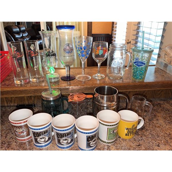 Drinkware Lot Including Novelty Glasses, Coffee Mugs, and Tumblers