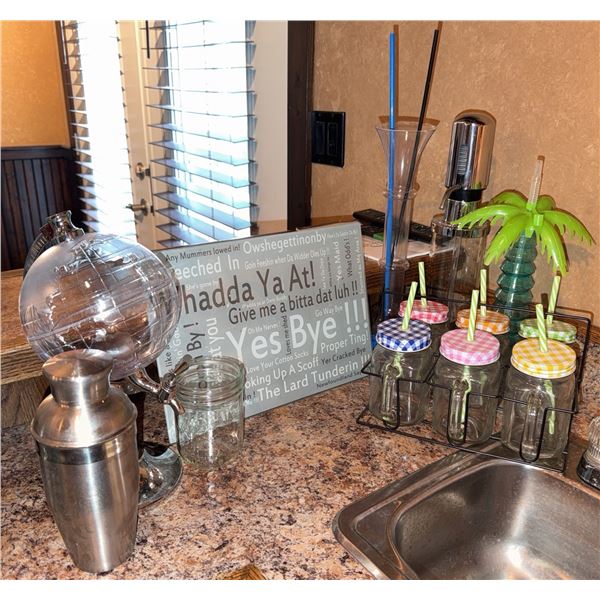 Barware Set with Globe Dispenser, Soda Siphon, Shaker, and Mason Jar Mugs