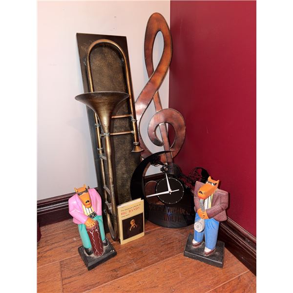 Musical Decor Lot With Metal Trombone, Treble Clef Wall Art, Animal Figurines, Vinyl Clock and Book