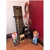 Image 1 : Musical Decor Lot With Metal Trombone, Treble Clef Wall Art, Animal Figurines, Vinyl Clock and Book