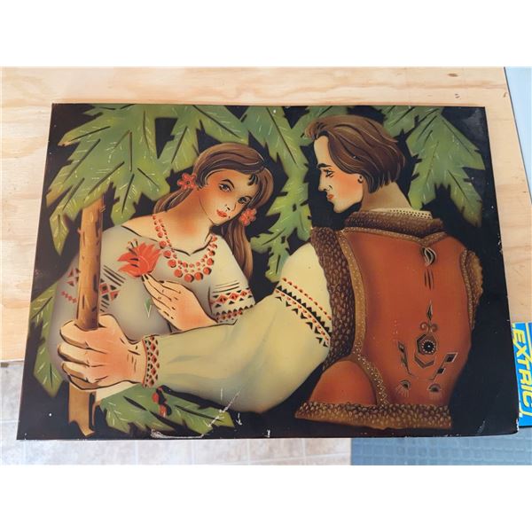 Folk Art Painted Panel Depicting Couple in Traditional Clothing