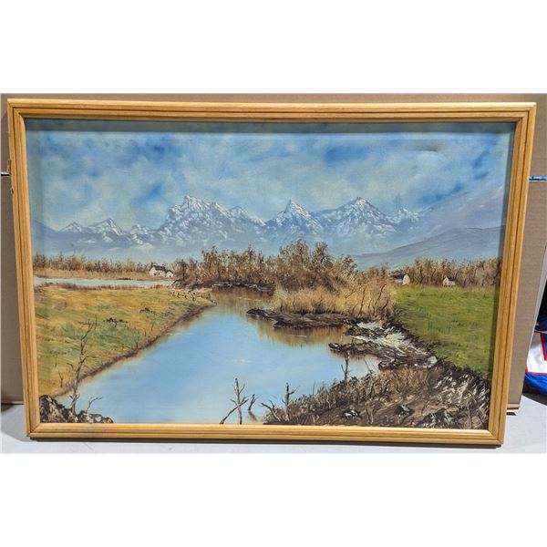 Oil Painting Signed J Stange Mountain River Landscape Framed