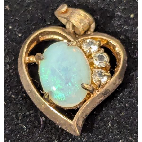 VTG 10K Gold Heart Opal Pendant 3-Stone Accent Charm