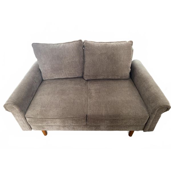 Two-Seater Taupe Upholstered Loveseat with Wooden Legs