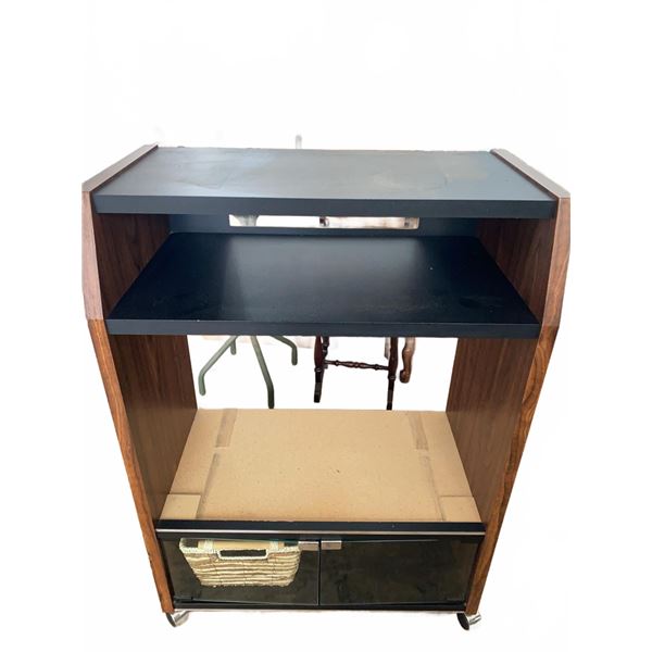 Rolling Wood and Laminate AV Cart with Black Glass Doors and Storage