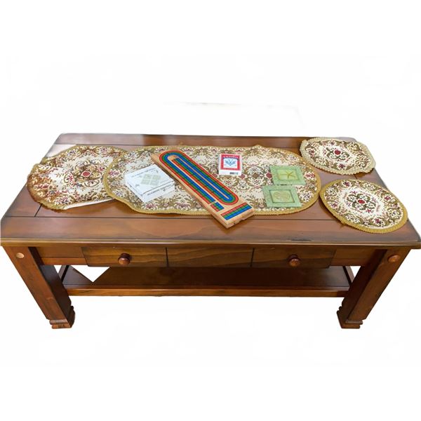 Wood Coffee Table With Drawer, Cribbage Board, Cards, Doilies, and Coasters
