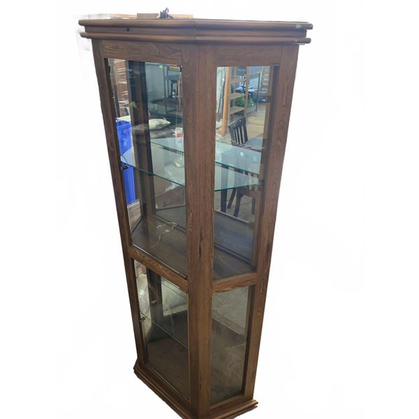 Glass and Wood Corner Display Cabinet With Shelves and Lighting