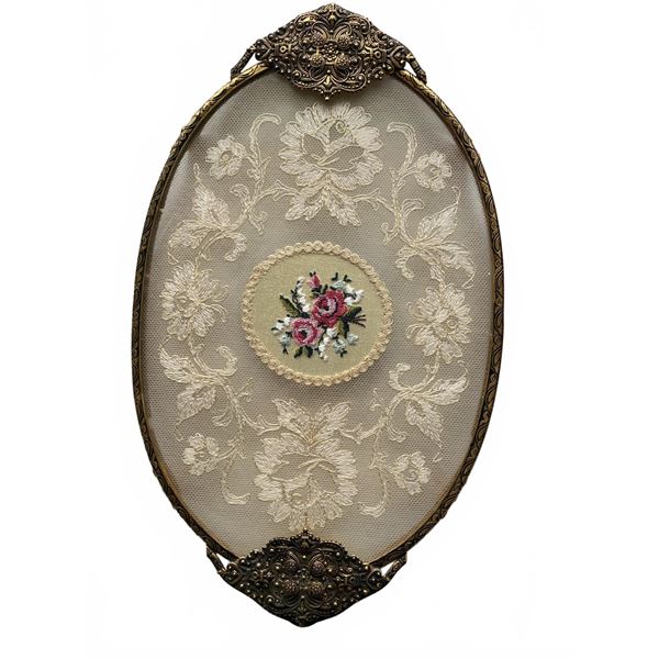 Oval Brass-Framed Embroidered Mesh Panel With Floral Motif