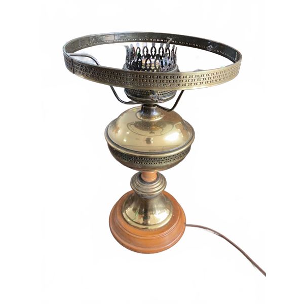 Brass and Wood Electric Table Lamp with Decorative Metal Frame