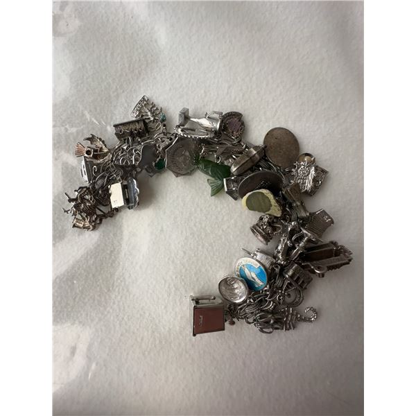 Sterling Silver Charm Bracelet with All Sterling Charms, 128g Total Weight