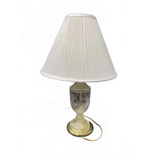 Cut Glass Table Lamp with Brass Base and Pleated Fabric Shade