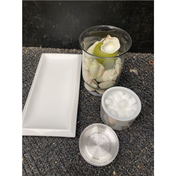 Decor Set: Stokes Porcelain Tray, Glass Vase with Shells, Decorative Canister