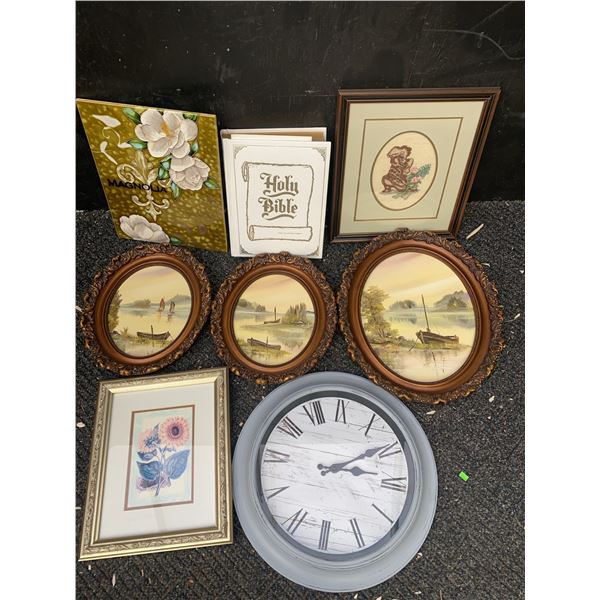 Framed Art, Wall Clock, Holy Bible, and Magnolia Plaque