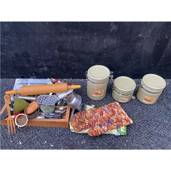 Kitchen Assortment with Storage Jars, Utensils, Rolling Pin, Oven Mitts
