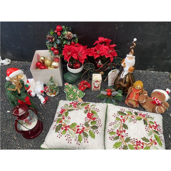 Christmas Decorations Lot With Figurines, Ornaments, and Cushions