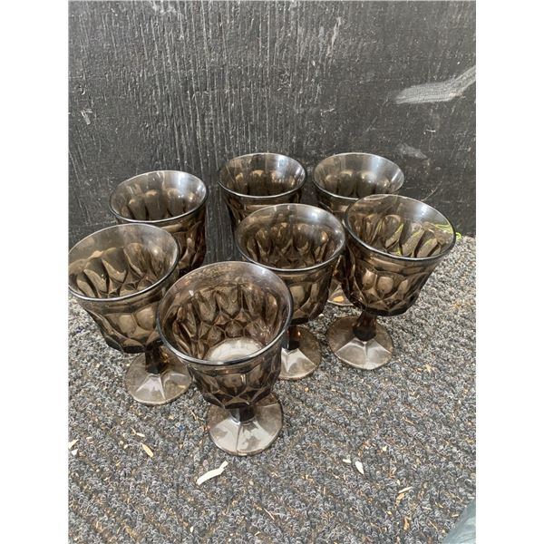 6 Smoky Brown Pressed Glass Goblets
