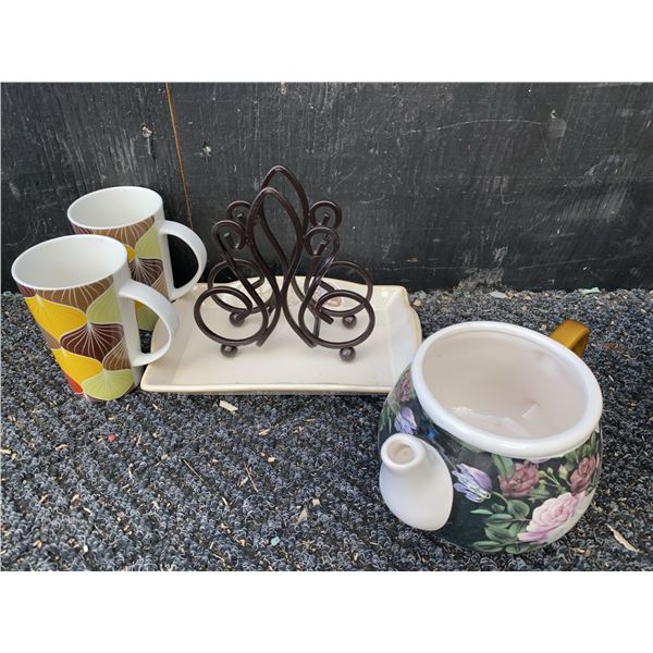 Ceramic Mugs, Floral Teapot, Tray, and Metal Napkin Holder Set