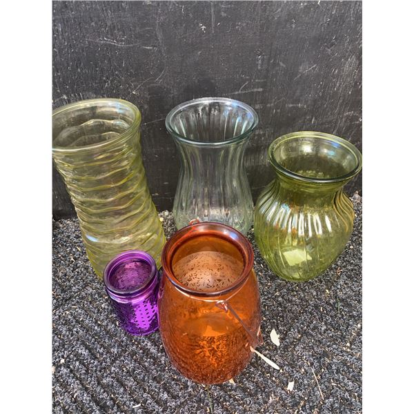 Five Assorted Coloured Glass Vases and Candle Holder