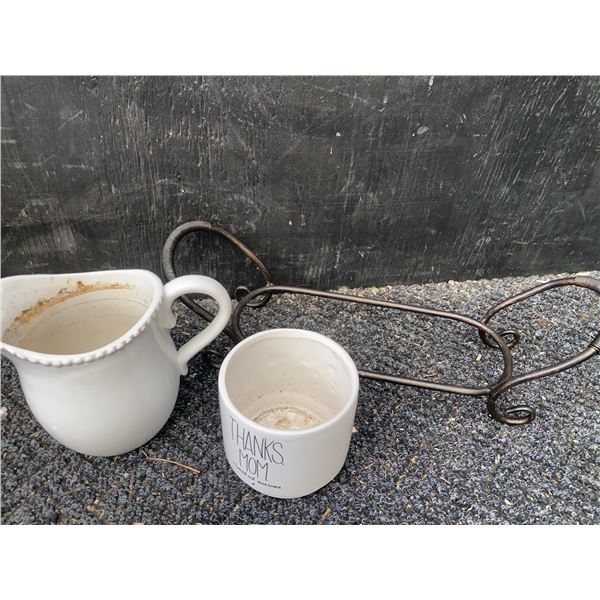 White Ceramic Pitcher, "Thanks Mom" Mug, and Metal Stand