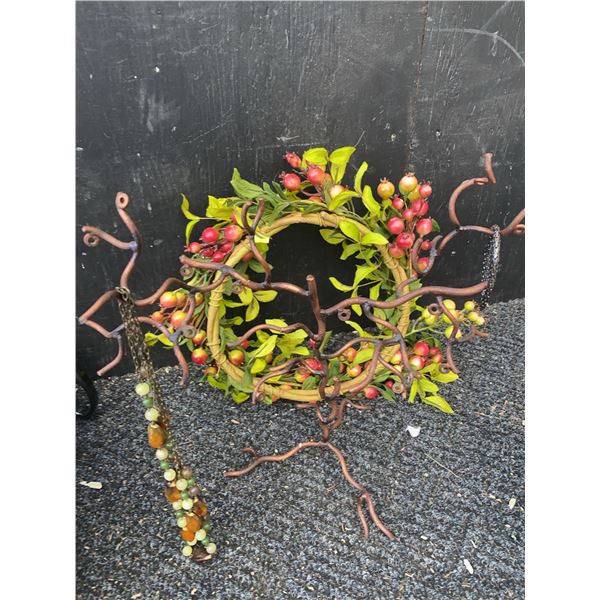 Decorative Wreath, Metal Jewelry Stand, and Costume Necklaces