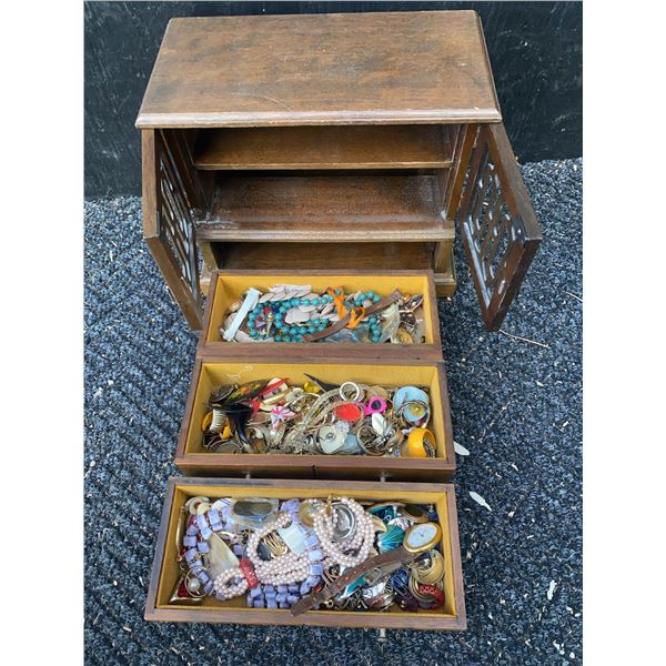 Wooden Jewellery Box With Costume Jewellery and Watches