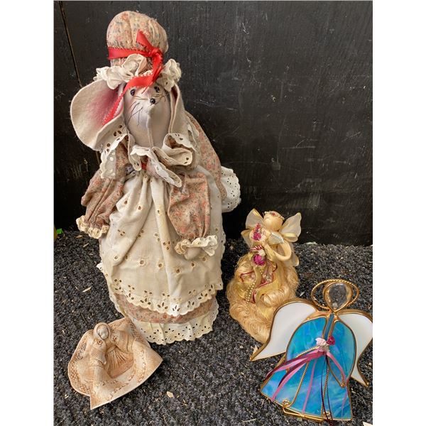 Decorative Lot: Fabric Mouse Doll, Stained Glass Angel, Straw Angel, Figurine