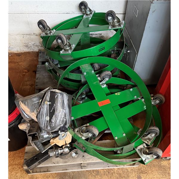 Multiple Uline Green Steel Drum Dollies & Trailer Hitch Ball Mount Assembly