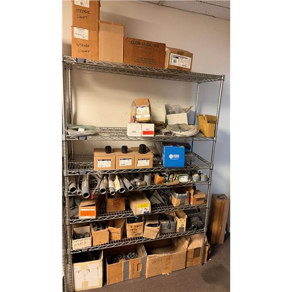 Contents of Shelf: Multiple Strobe Lights, PCB Screening Kits, Conduit & Piping, Hardware, etc (shel