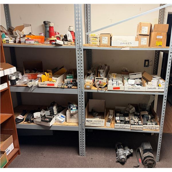 Contents of Shelf: Multiple Motors, Gauges, Relays, Switches, Fuses, Cables, Hardware, etc  (shelf n