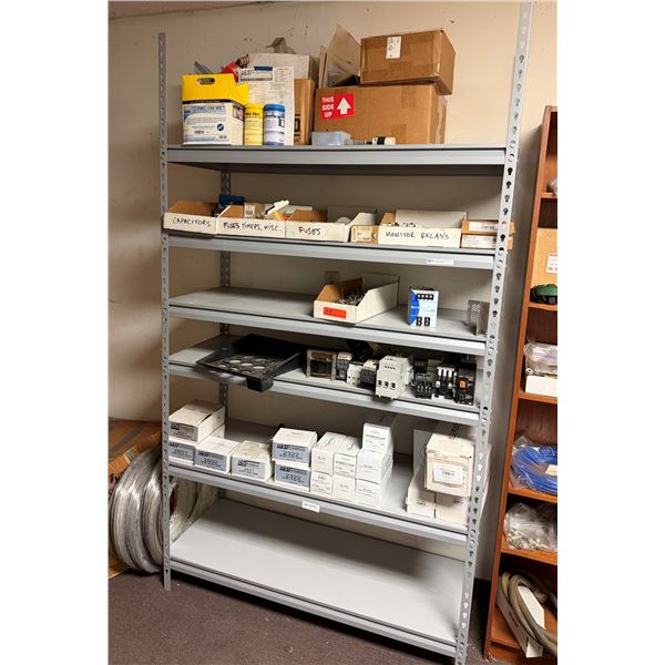 Contents of Shelf: Multiple Capacitors, Fuses, Timers, Contactors, Mufflers, Relays, Hoses, etc  (sh