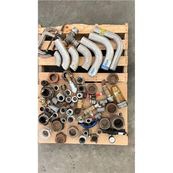 Contents of Pallet:  Misc Pipe Fittings, Connectors, Clamps, Parts, etc