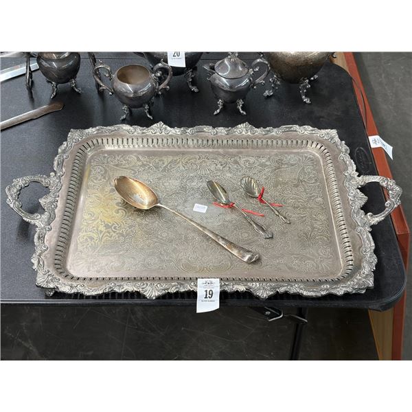 Large Ornate Silverplate Serving Tray w/3 Spoons