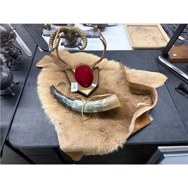 Horn w/Mounts on Plaque, Animal Hide Rug