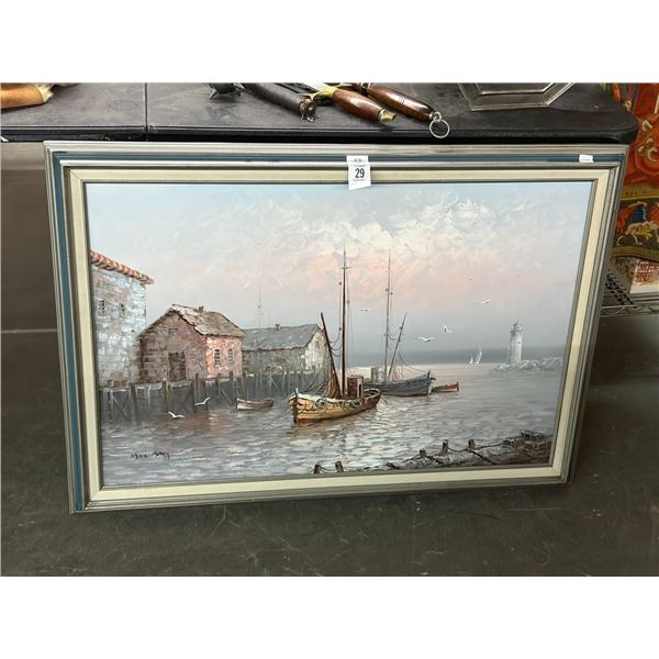 Oil On Canvas Framed Lighthouse Sea Scape Signed Saby - 30"  X  36"