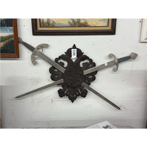 Wood Carved Coat of Arms w/2 Swords