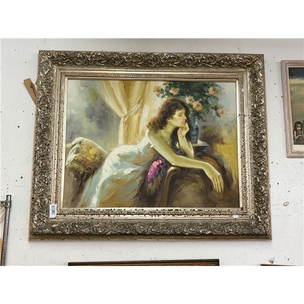 Oil On Canvas Ornately Framed Wall Art of Woman Artist Signed TR Winters - 40"  X  48"