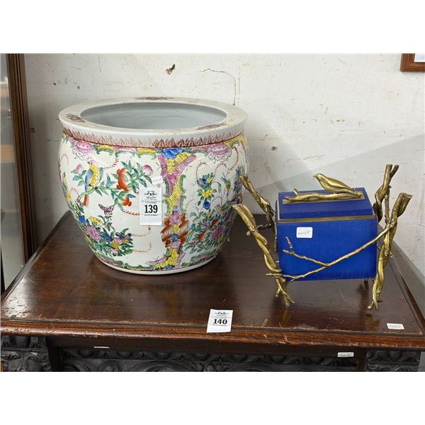 Oriental Porcelain Fish Bowl Vase, Cast Bird Motif Storage Box