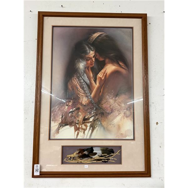Framed Indian Wall Art Shadowbox Feathers Artist Signed - 30"  X  48"