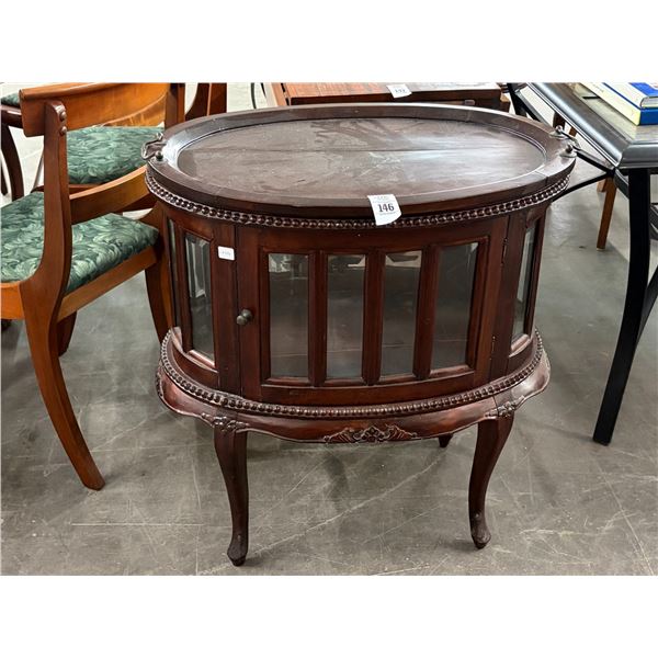 Queen Anne Carved Footed Glass Door Oval Tray Table