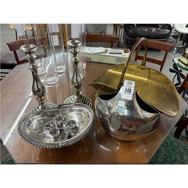 Silver Plate Candlesticks, Basket, Vase, Brass Claw Log Bin
