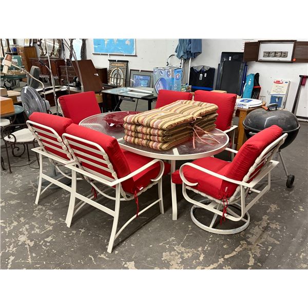 Beige Glasstop Oval Patio Dining Table w/6 Padded Armchairs
