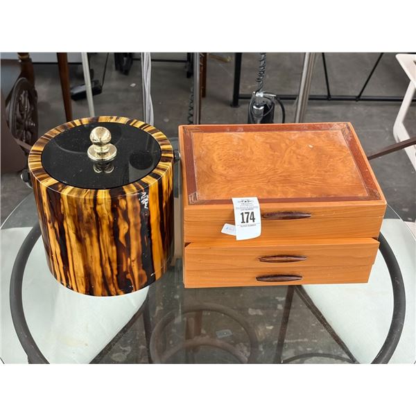 Wooden Jewelry Box w/Some Pins, Bracelet, Ice Bucket