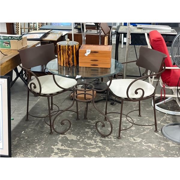 Ornate Metal Base w/Glass Top Round Bistro Dining Table w/2 Padded Armchairs